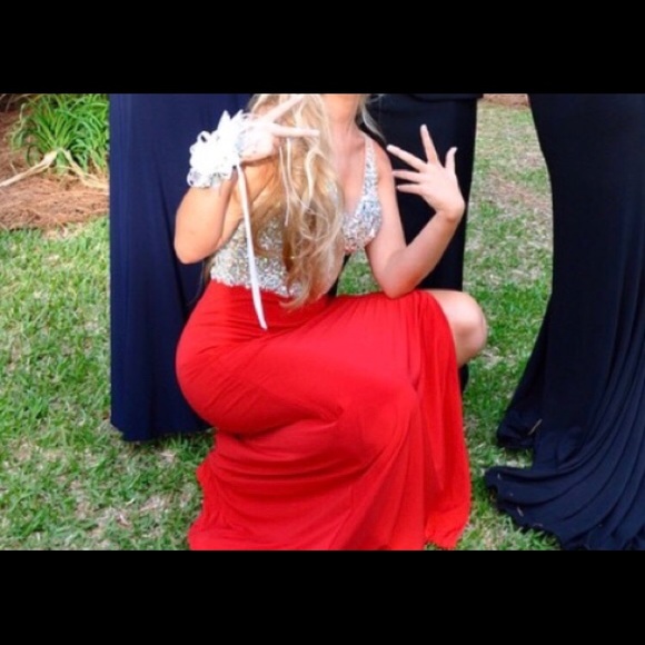 Elegant jeweled Red Sherri Hill Prom Dress w slit - Picture 2 of 5